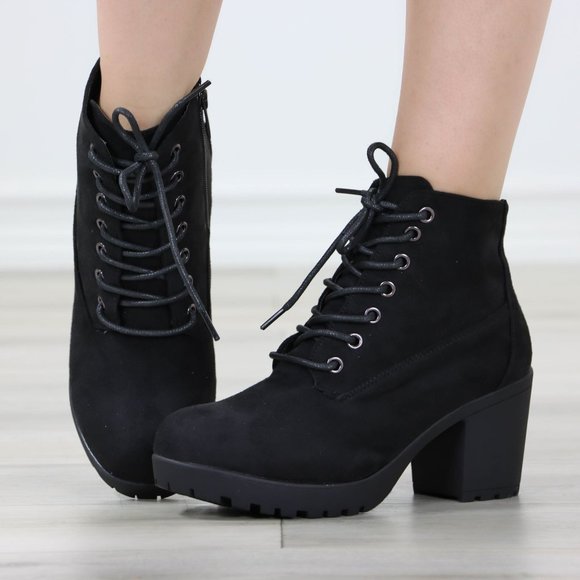 Black Suede Ankle Chunky Block Lug High Heel Boots Lace-Up - Picture 9 of 13